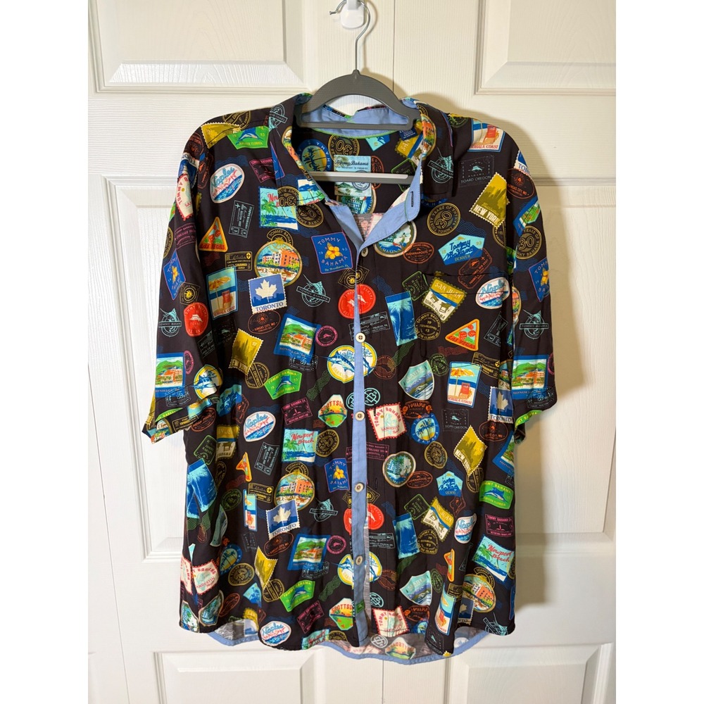 Tommy Bahama 30th Anniversary Passport To Paradise Stamp Shirt Mens XXL Viscose